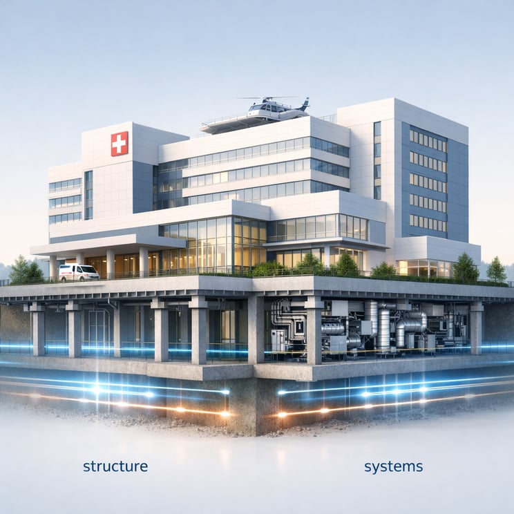 A hospital building constructed on a visible steel and concrete foundation labeled abstractly as structure and systems with subtle glowing lines repre