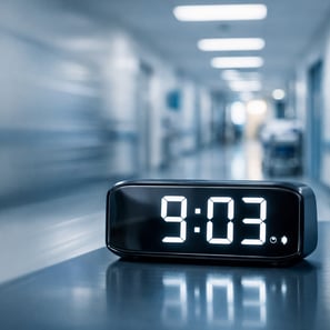 Closeup of a digital clock overlaying a hospital corridor motion blur transitioning into sharp clarity symbolizing reduced time to start modern health