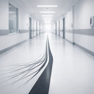 Multiple thin fragmented lines merging into one strong structured line moving forward through a hospital corridor symbolic visual metaphor minimalist-1