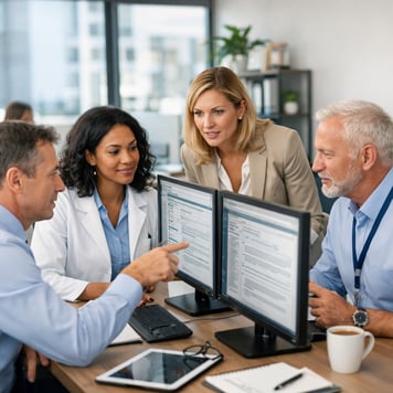Professional healthcare compliance team working together in a bright modern office reviewing digital documents on large monitors collaborative environ-1