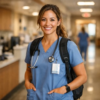 Travel nurse smiling confidently in a hospital hallway warm natural lighting supportive environment subtle depth of field authentic healthcare photogr