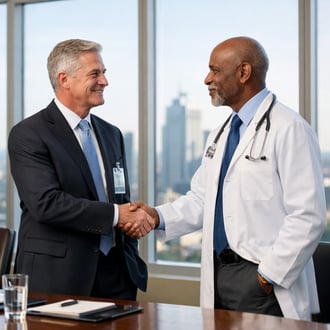 Two executive healthcare leaders shaking hands in a modern hospital boardroom large windows city skyline professional attire calm confident expression-1